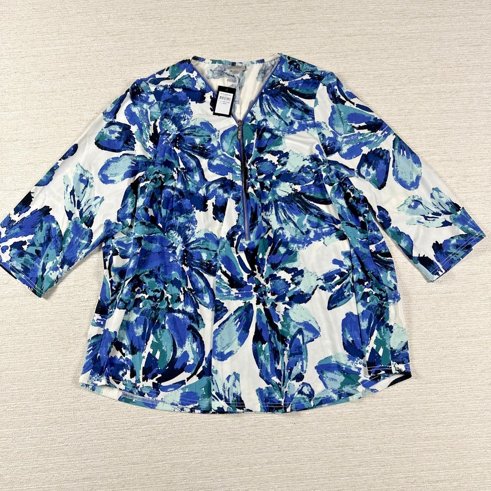 NWT Plus Size 26/28 Coastal Resort Tropical Floral Tunic Blouse Zip Neck Blue 4X